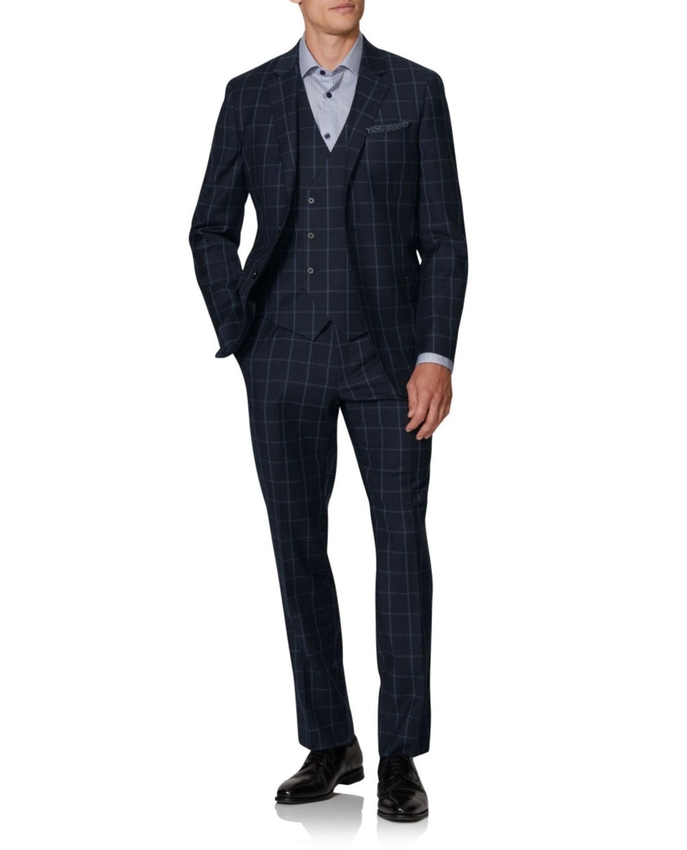 Adelphi Statement: Navyblaues Slim Fit Gilet mit Fensterkaro - Ein Stilvolles Statement für den Mann von Welt.